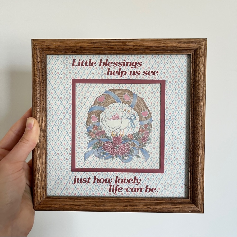 ☾ Vintage 90’s cottagecore pastel goose wall art with oak frame